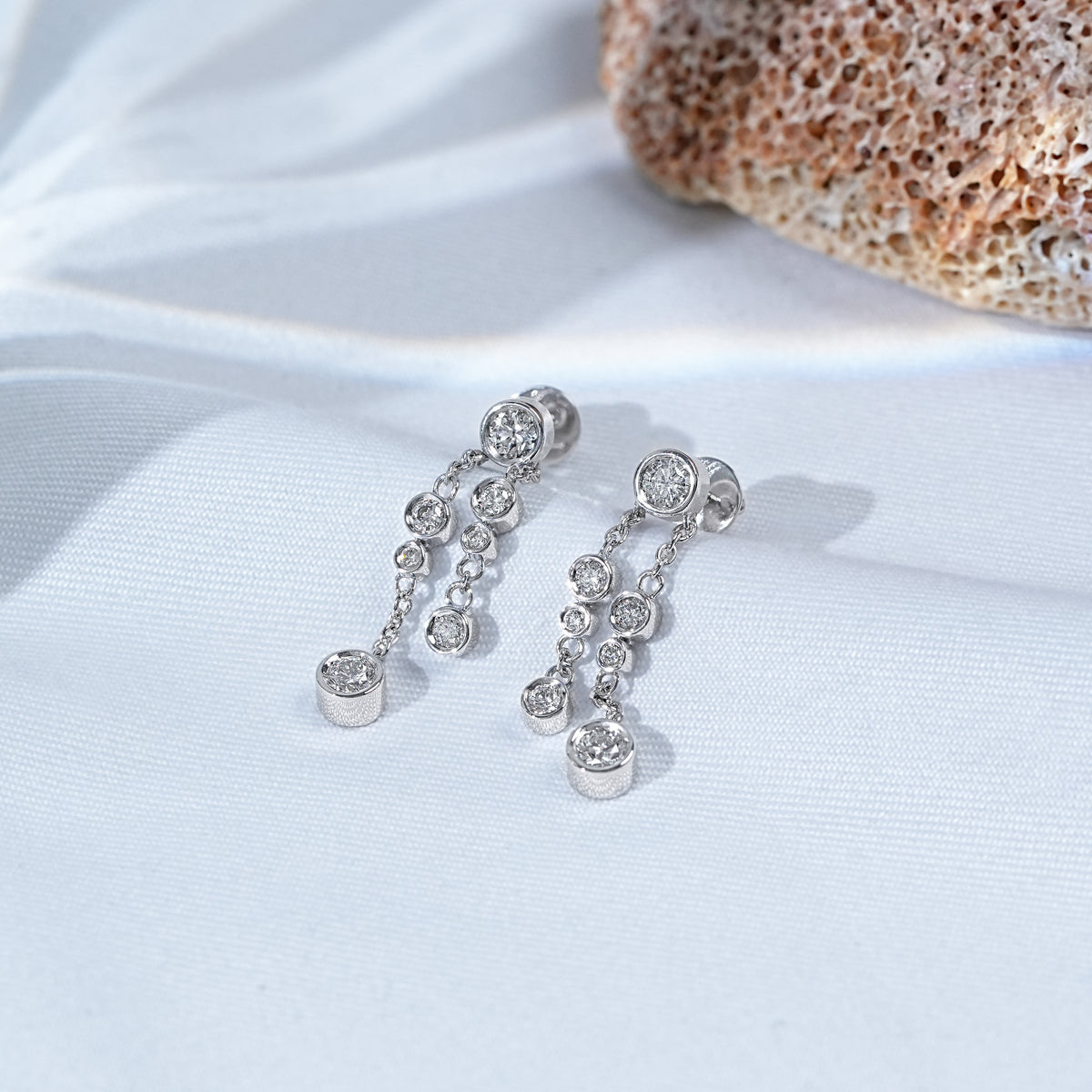 Round Diamond Bezel Chain Dangle Earrings