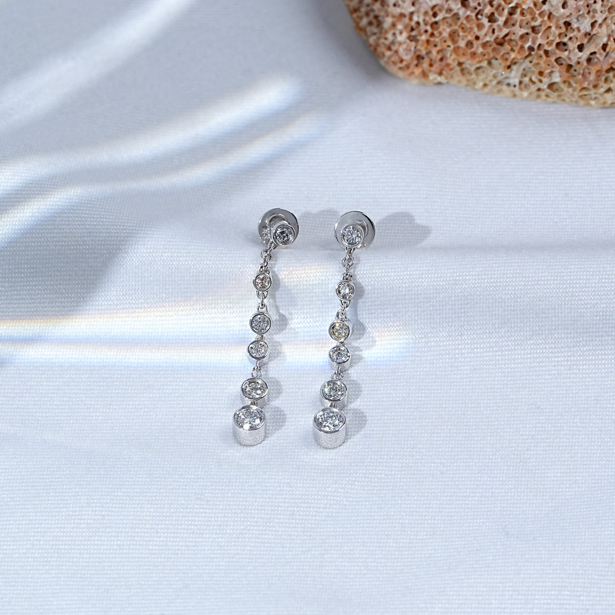 Round Diamond Bezel Set Dangle Drop Earrings
