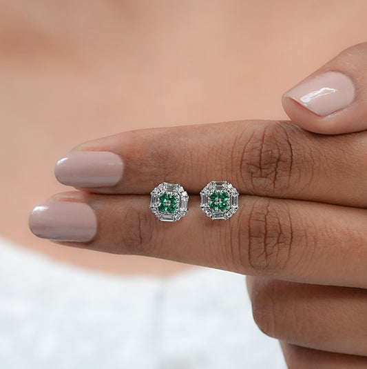Baguette and Round Gemstone Cluster Halo Earrings