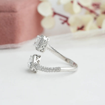 Trillion And Emerald Cut Halo Open Cuff Engagement Ring