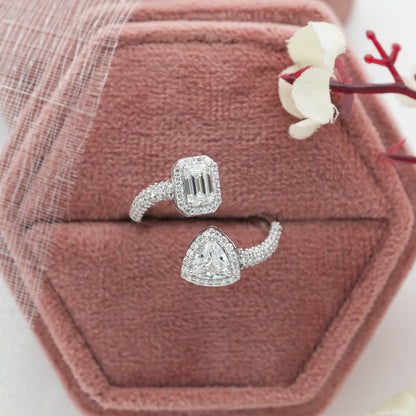 Trillion And Emerald Cut Halo Open Cuff Engagement Ring