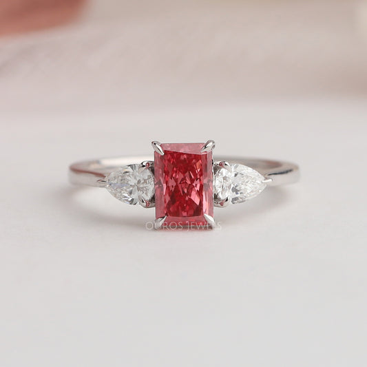 Radiant And Pear Cut Lab Diamond Three Stone Ring