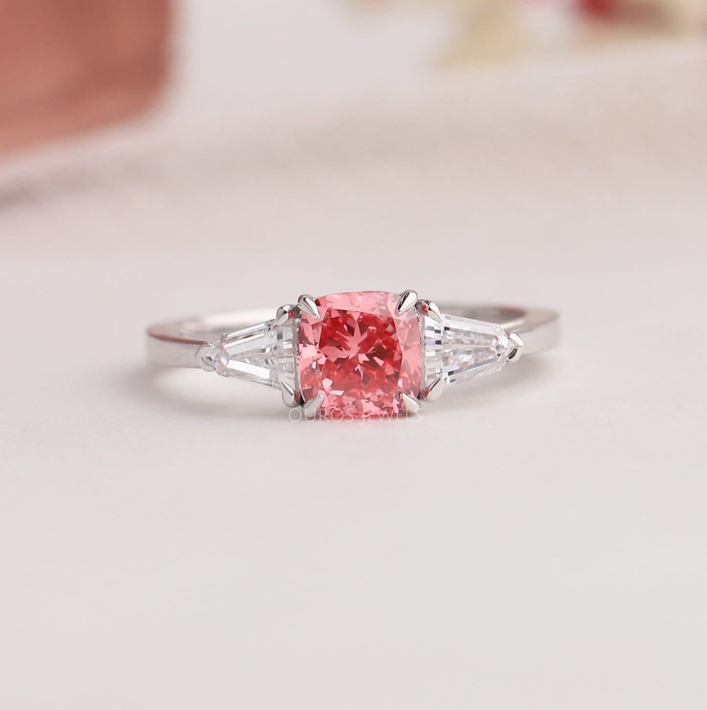 Pink Cushion And Bullet Cut Three Stone Ring