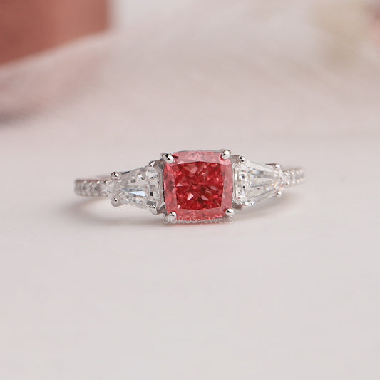 Pink Cushion And Shield Cut Lab Diamond Three Stone Ring