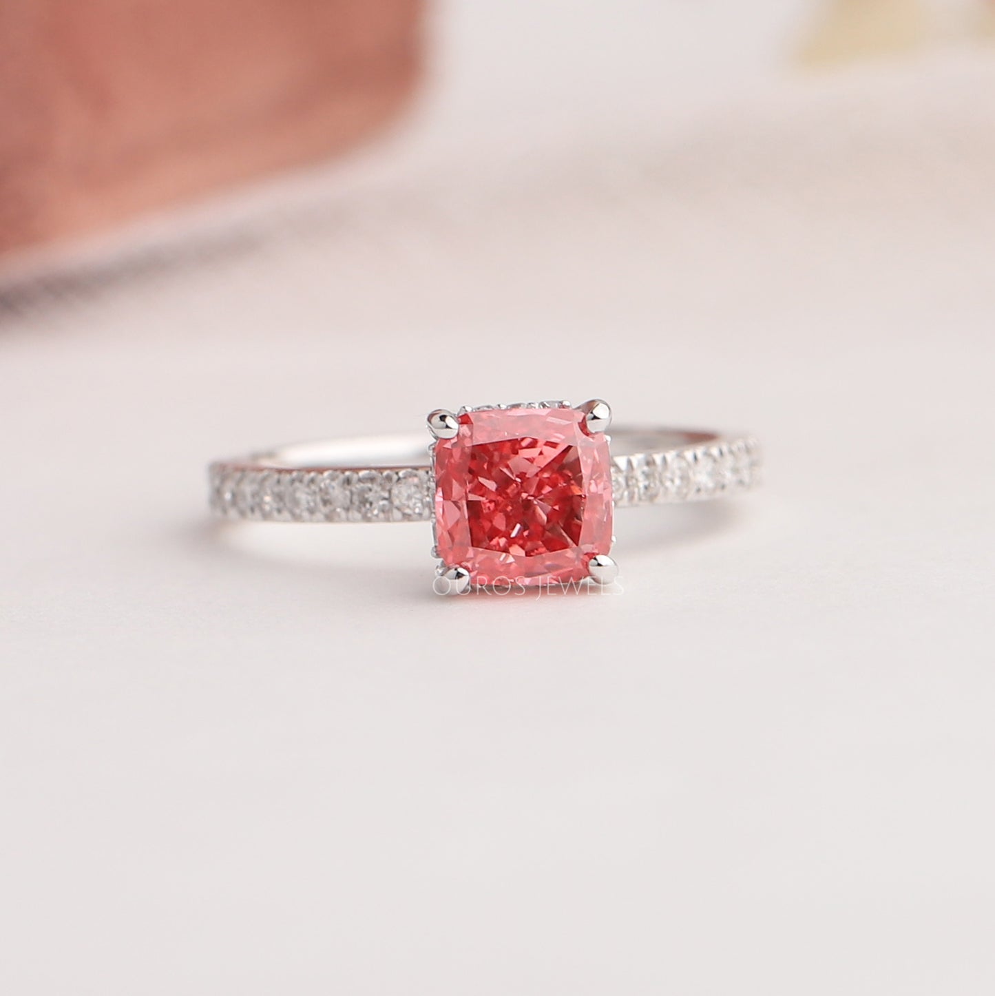 Pink Cushion Lab Grown Diamond Accent Ring