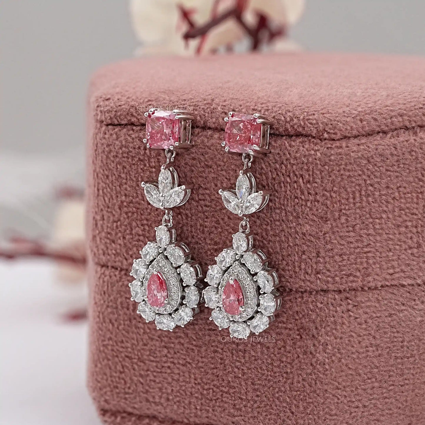 Pink Cushion And Pear Cut Drop Dangle Earring