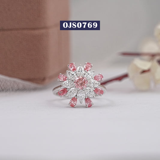 Flower Pattern Pink Round Cut Lab Diamond Ring