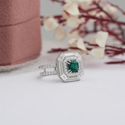 Green Asscher Cut Double Halo Engagement Ring