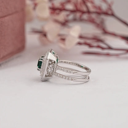Green Asscher Cut Double Halo Engagement Ring
