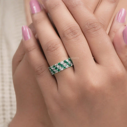 Green Round Cut Lab Diamond Three Row Full Eternity Band