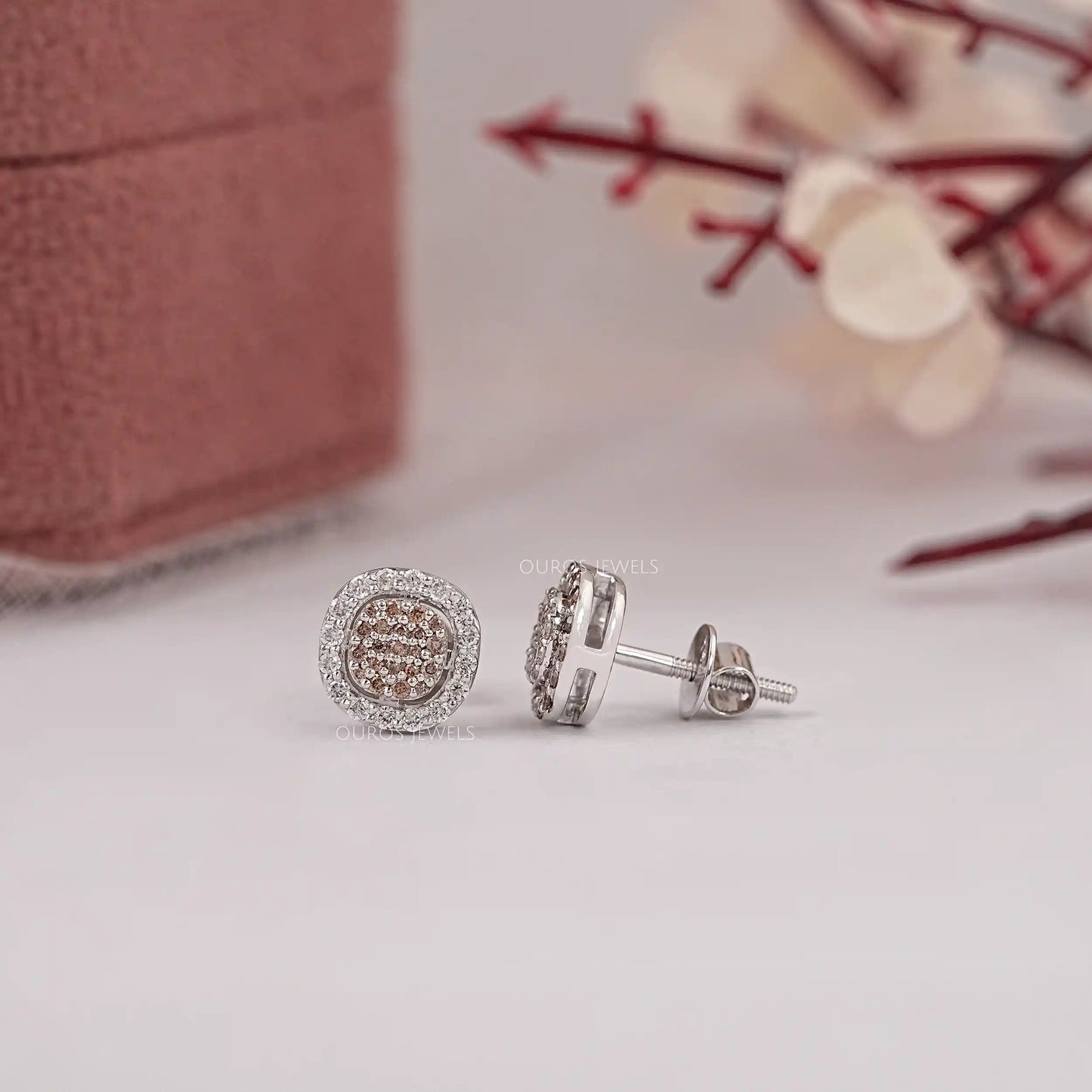 Chocolate Round Cut Halo Diamond Stud Earring