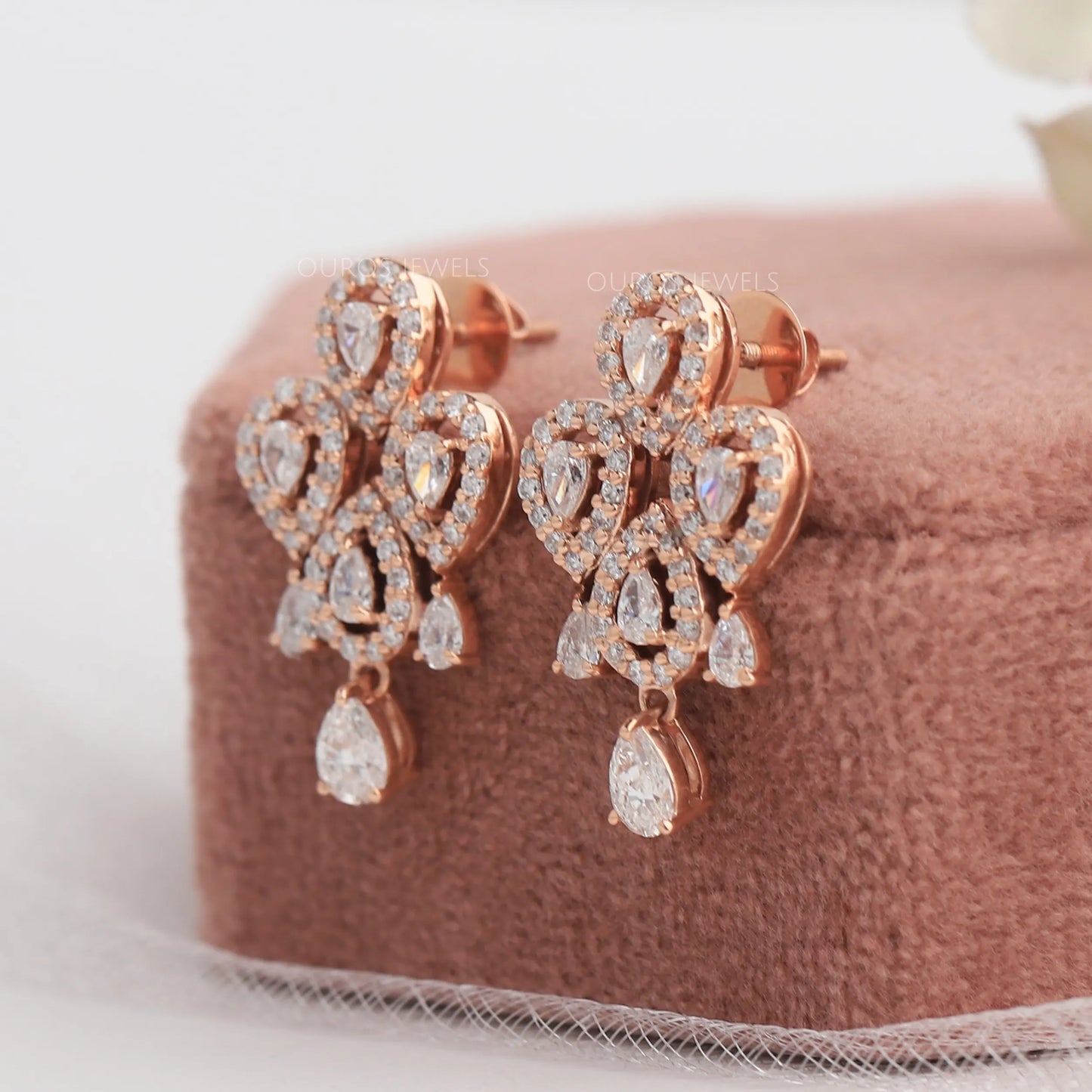 Rose Gold  Pear Cut Halo Earrings