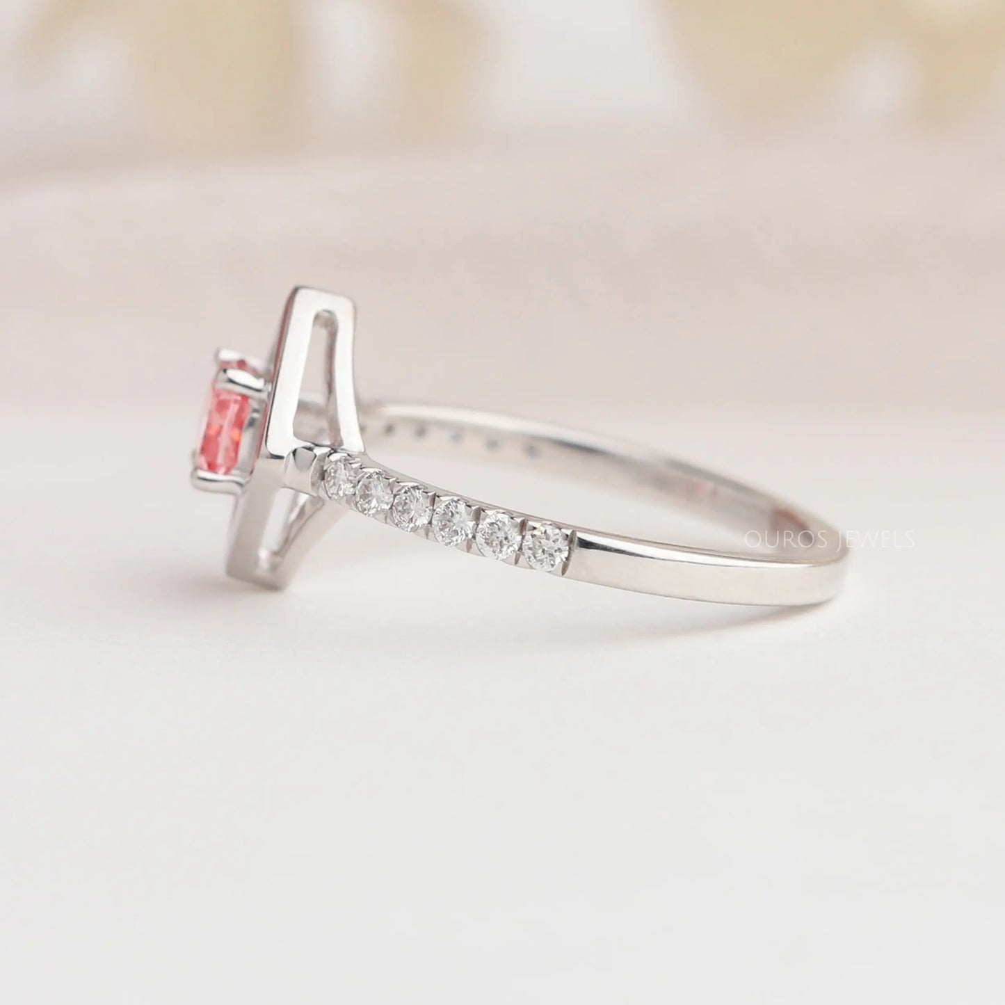 Pink Cushion Cut Solitaire  Accent  Ring