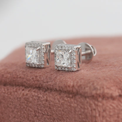 Princess Cut Halo  Stud  Earrings