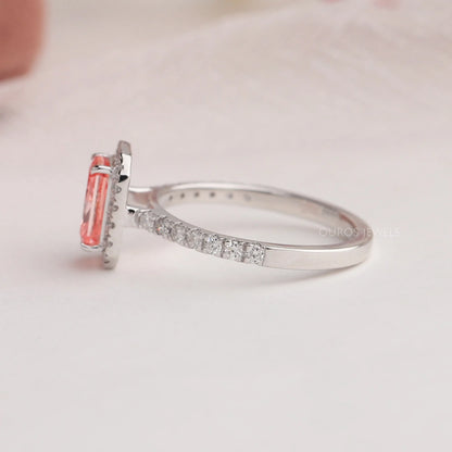 Pink Radiant  Cut Halo  With Accent  Diamond  Ring