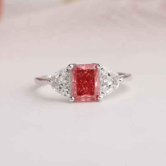 Pink Radiant And Half Moon Cut Three Stone Ring