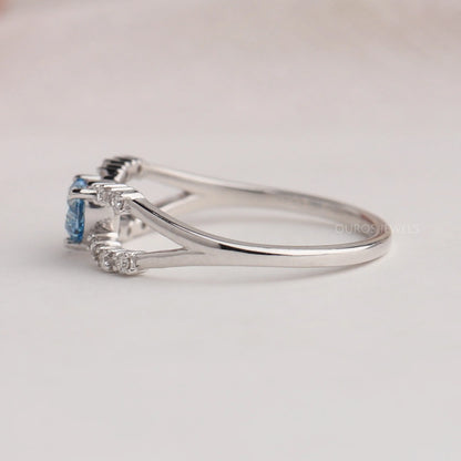 Blue Heart Cut Split Halo Shank Ring