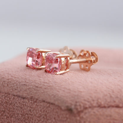 Pink Cushion Cut Lab Diamond  Stud
