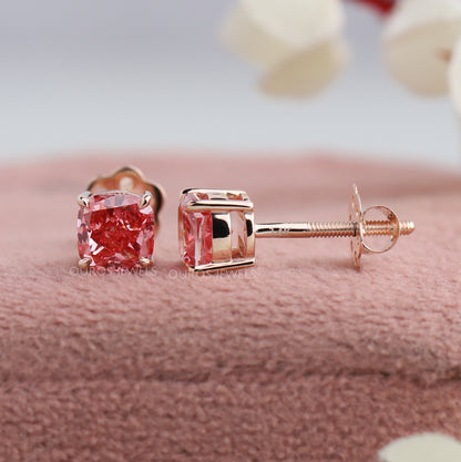 Pink Cushion Cut Lab Diamond  Stud