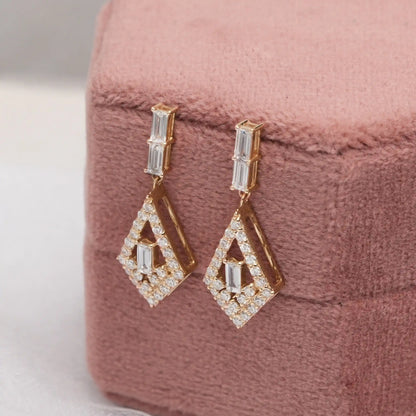 Kite Shape Baguette and Round Halo Teardrop Earrings
