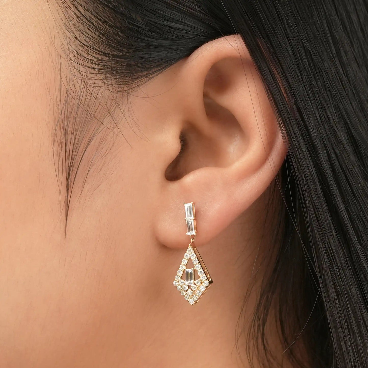 Kite Shape Baguette and Round Halo Teardrop Earrings