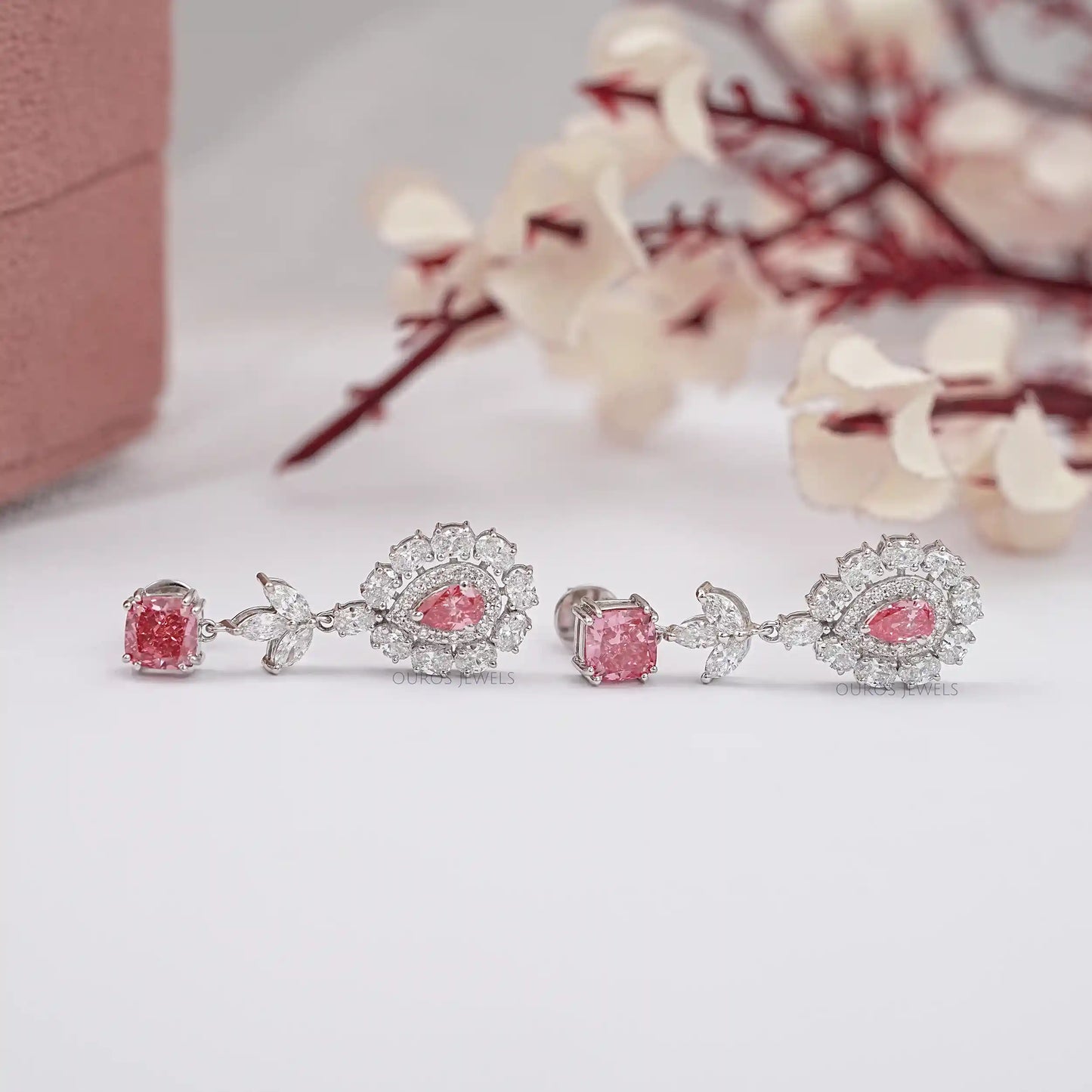 Pink Cushion And Pear Cut Drop Dangle Earring
