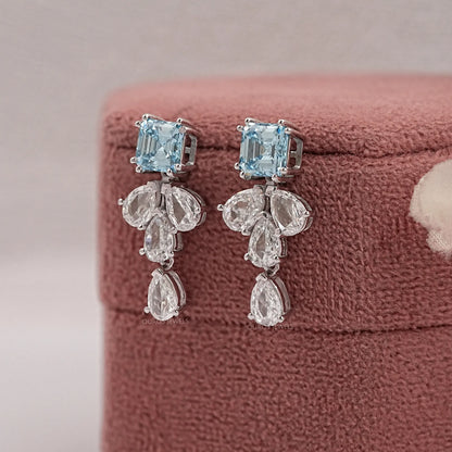 Blue Asscher And Pear Cut Drop Dangle Earring
