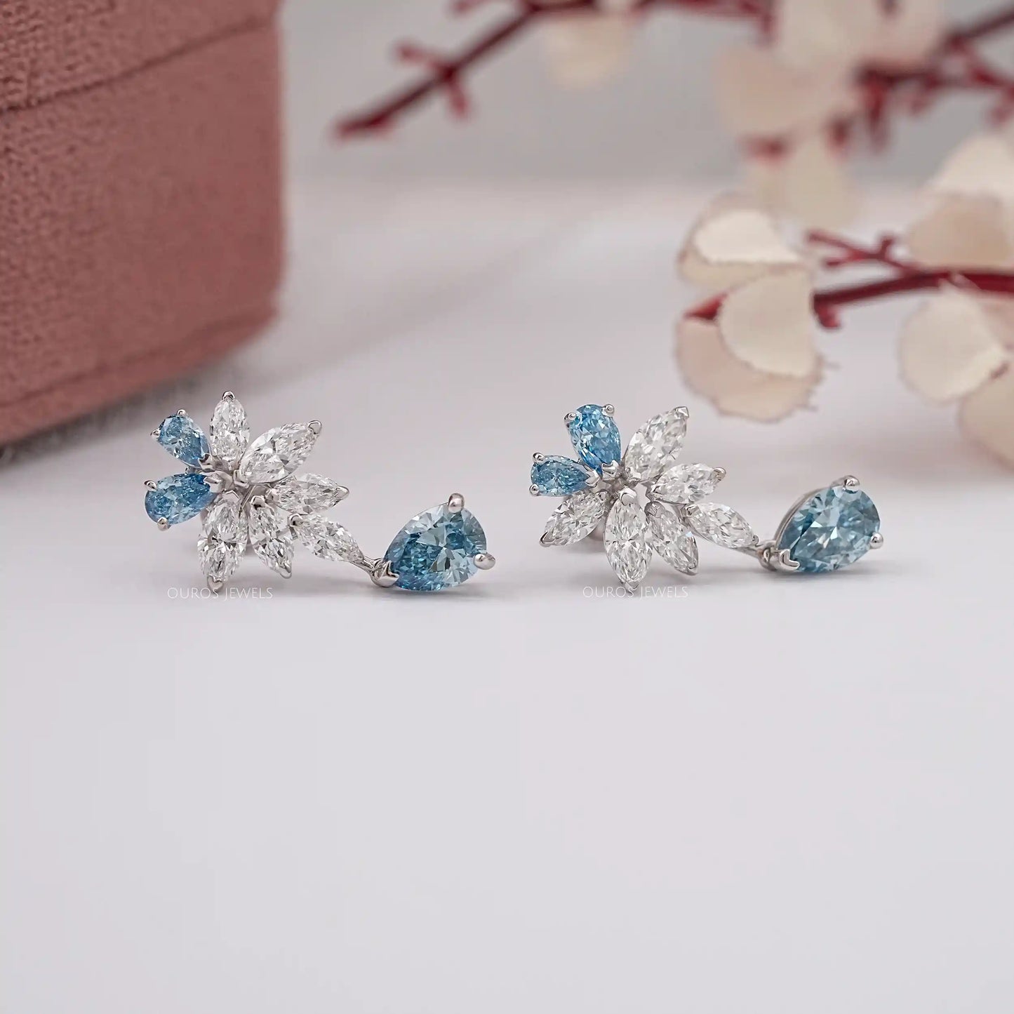 Blue Pear Cut Lab Diamond Drop Dangle Earring