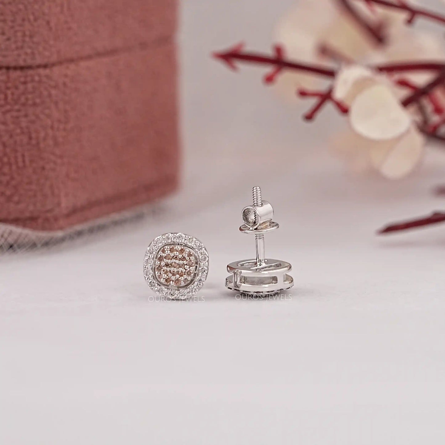 Chocolate Round Cut Halo Diamond Stud Earring