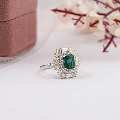 Green Emerald Cut Double Halo Diamond Ring
