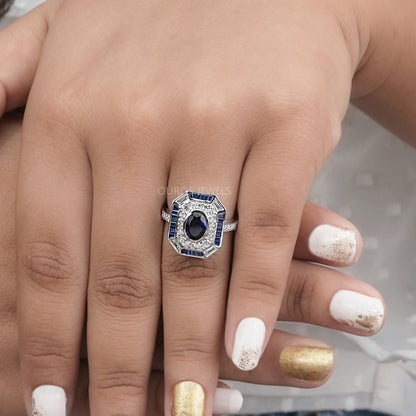 Blue Oval Cut Halo With Accent Diamond Ring