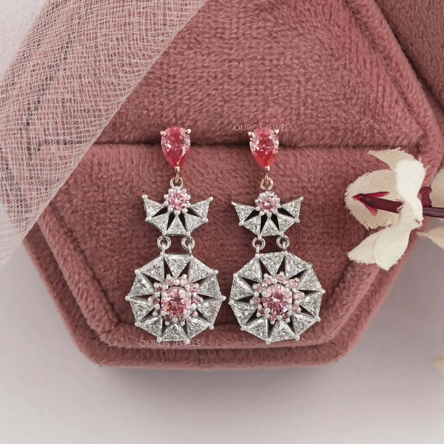 Pink Pear And Triangle Cut Lab Diamond Chandelier Earrings