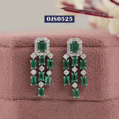 Green Emerald Cut Halo Diamond Chandelier Earrings
