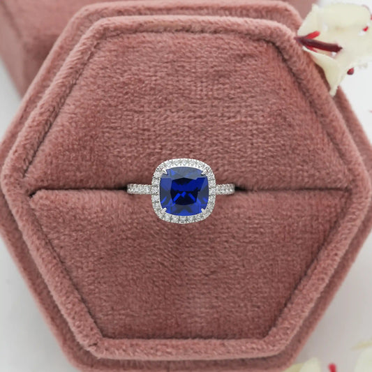 Sapphire Cushion Cut Lab Diamond Halo Engagement Ring