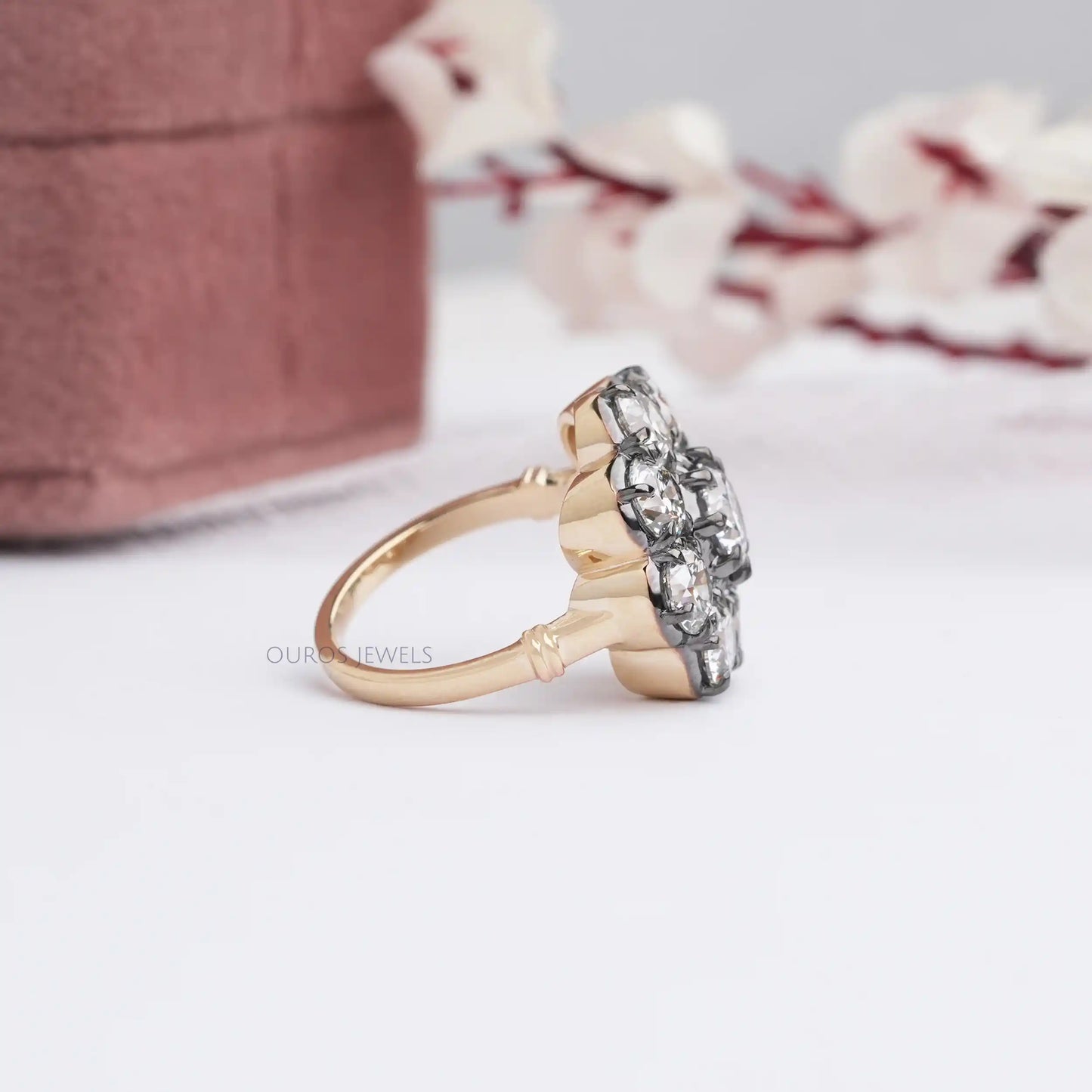 Black Coating Old European Round Cut Solitaire With Halo Ring