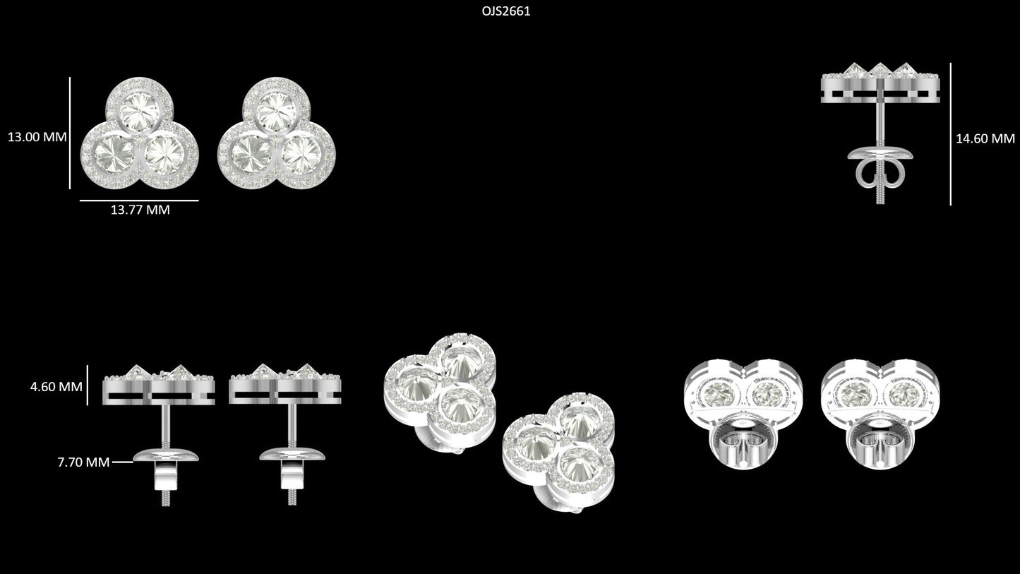 Three Stone Rose Cut Round Halo Stud Earrings