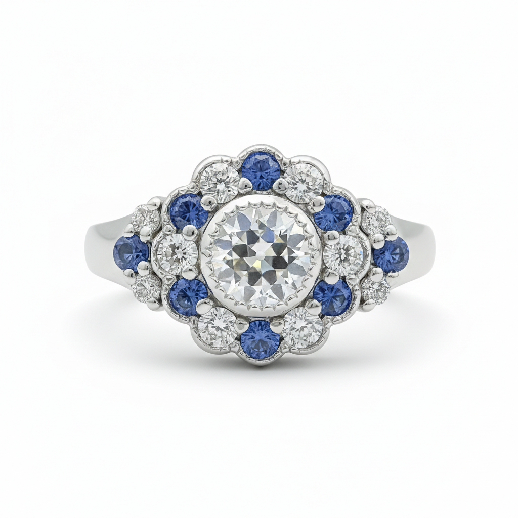 Old European Round Cut Sapphire Floral Ring