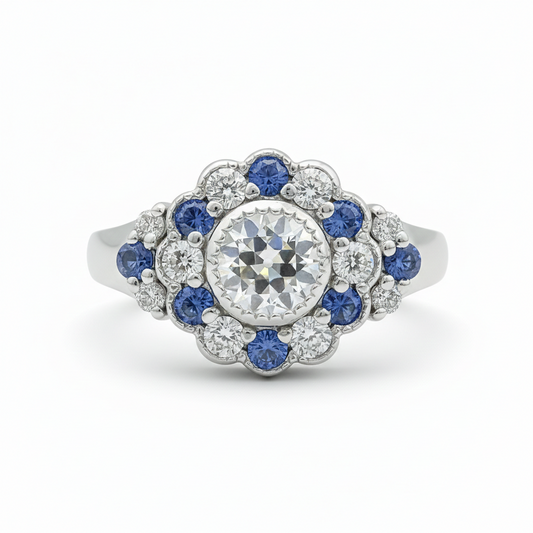 Old European Round Cut Sapphire Floral Ring