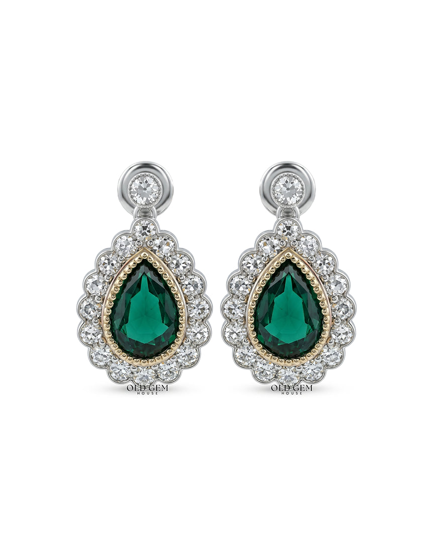 Green Pear Gemstone Halo Drop Earrings