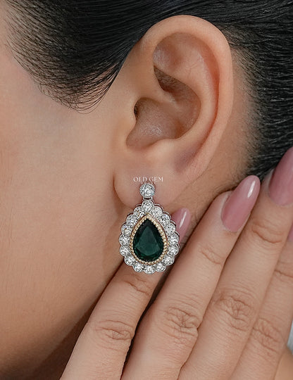 Green Pear Gemstone Halo Drop Earrings