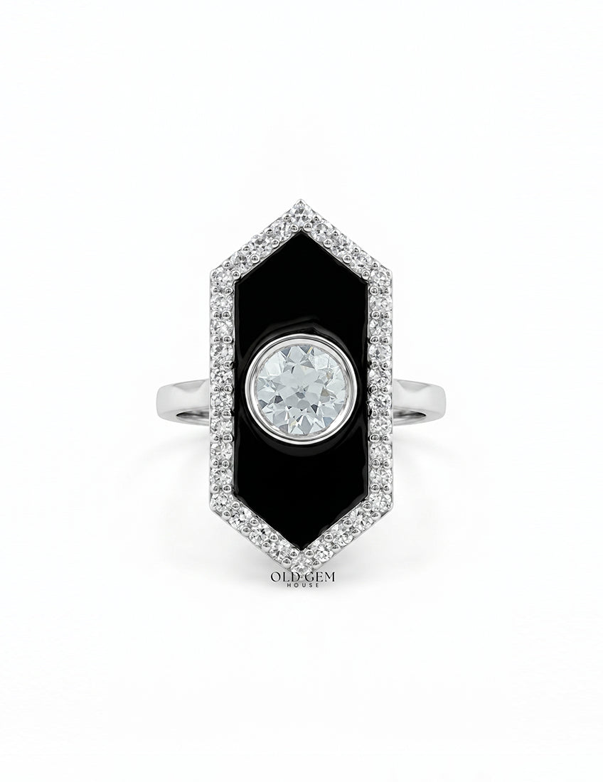 Old European Round Cut Black Enamel Halo Ring