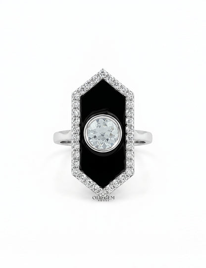 Old European Round Cut Black Enamel Halo Ring