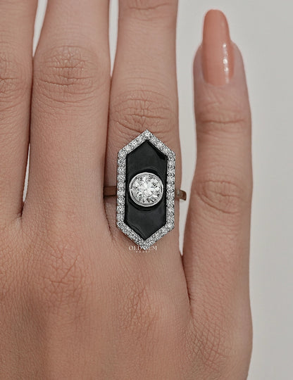 Old European Round Cut Black Enamel Halo Ring