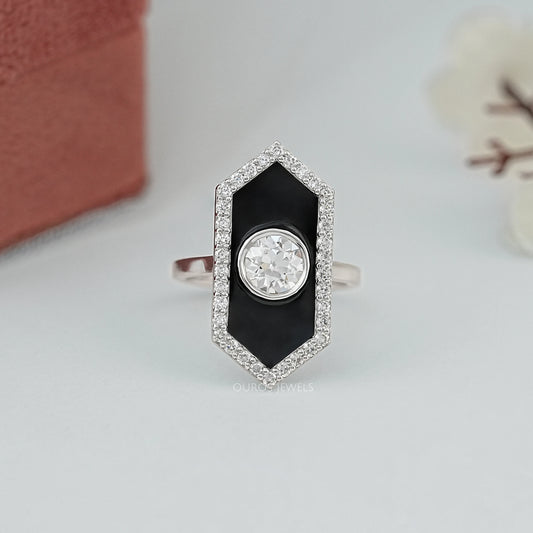 Old European Round Cut Black Enamel Halo Ring