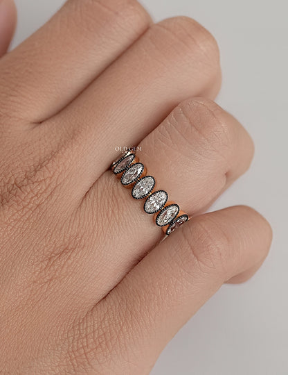Old Mine Moval Diamond Filgree Bezel Wedding Band