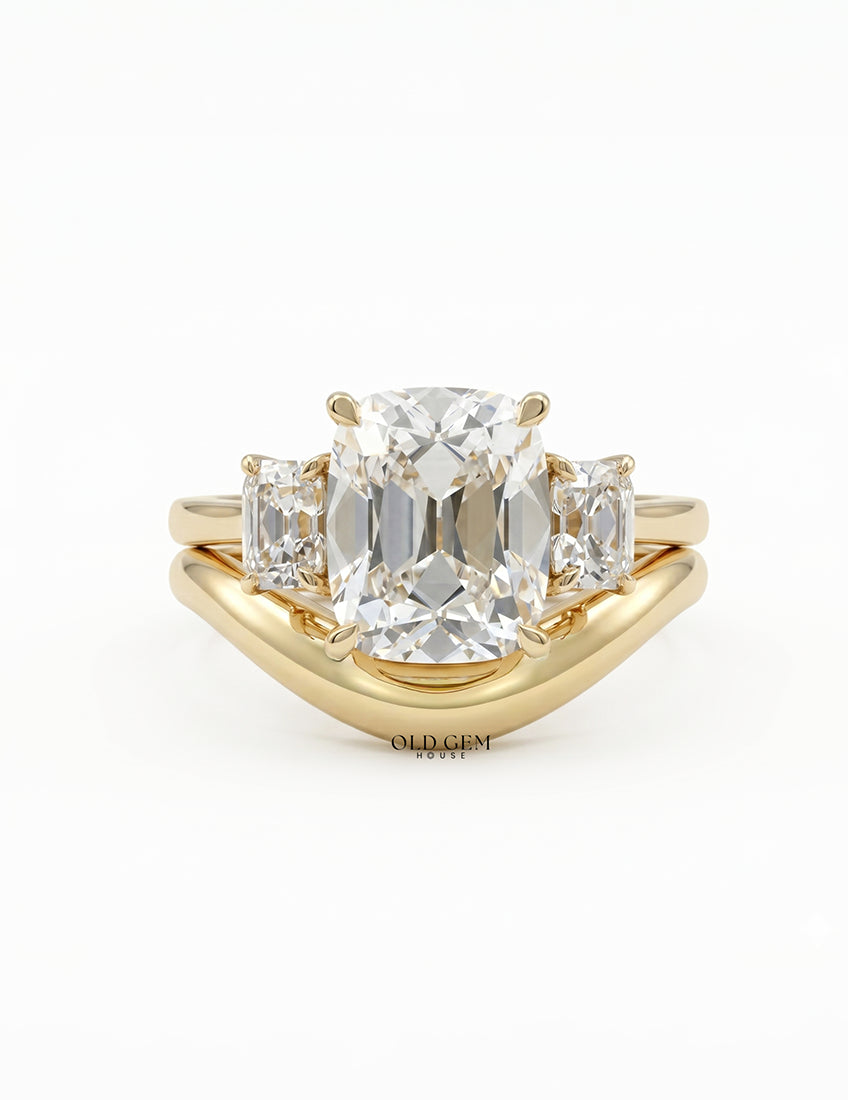 Three Stone Old Mine Cushion Cut Ring Set