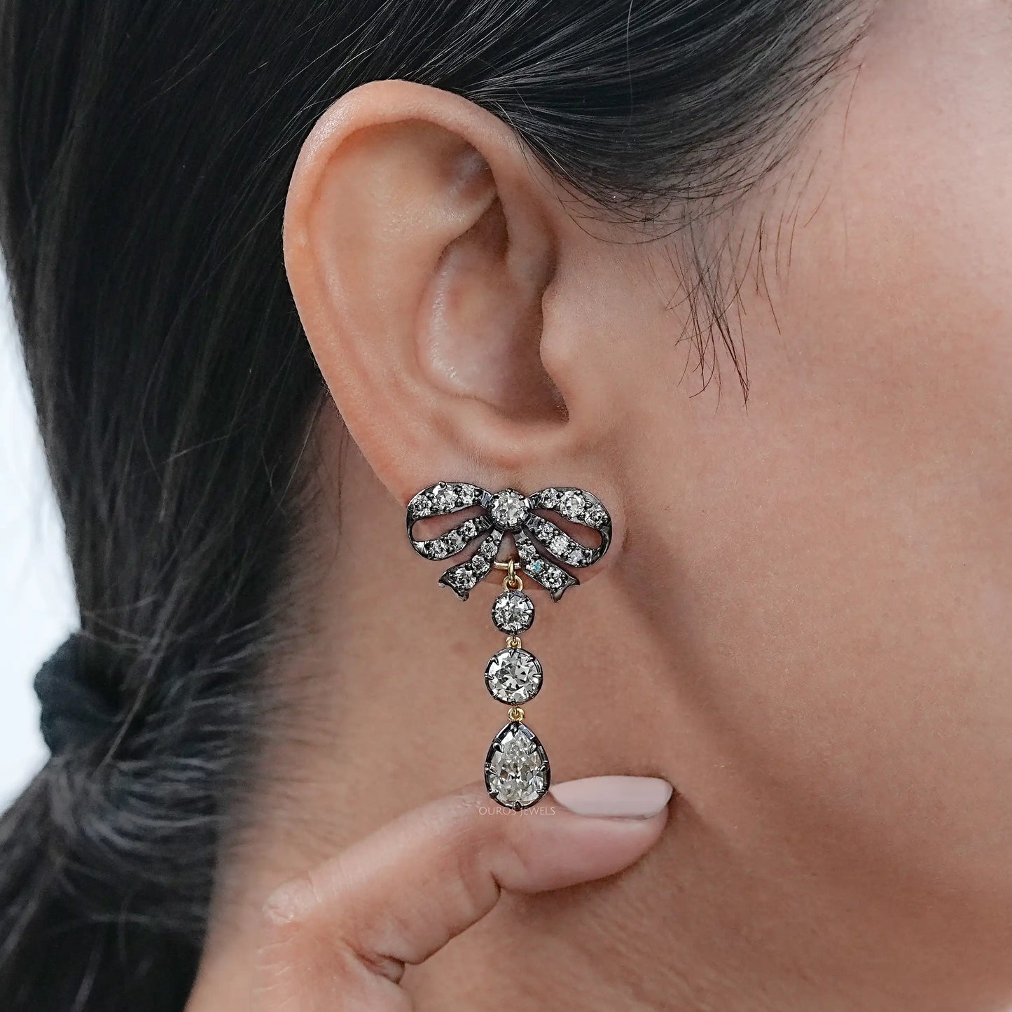 Old Cut Pear Diamond Bow Earrings