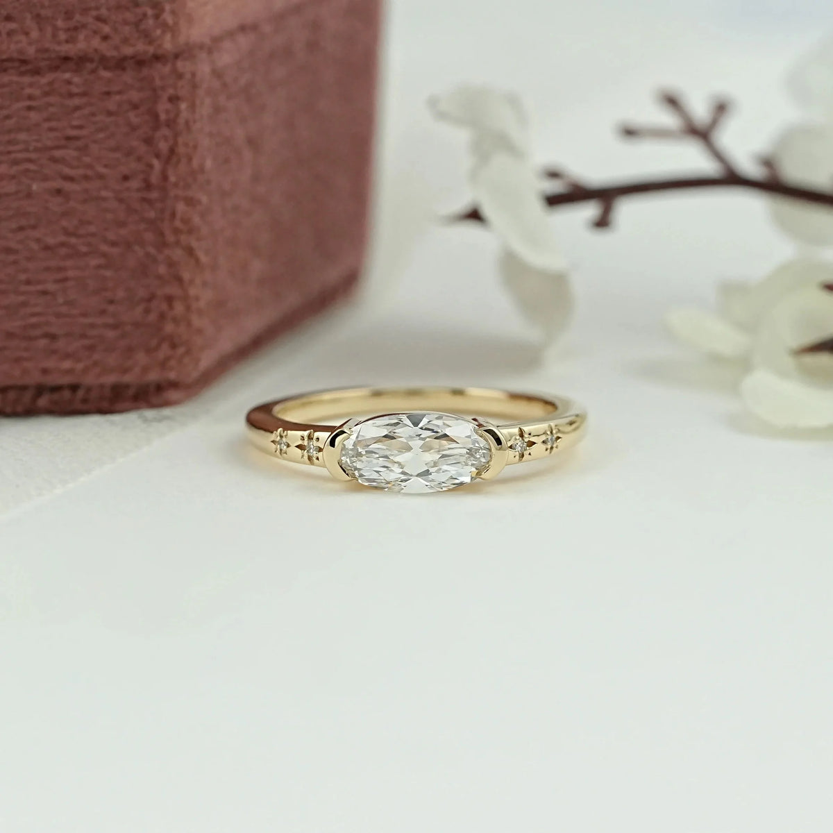 Old Mine Moval Diamond Half Bezel Accent Ring