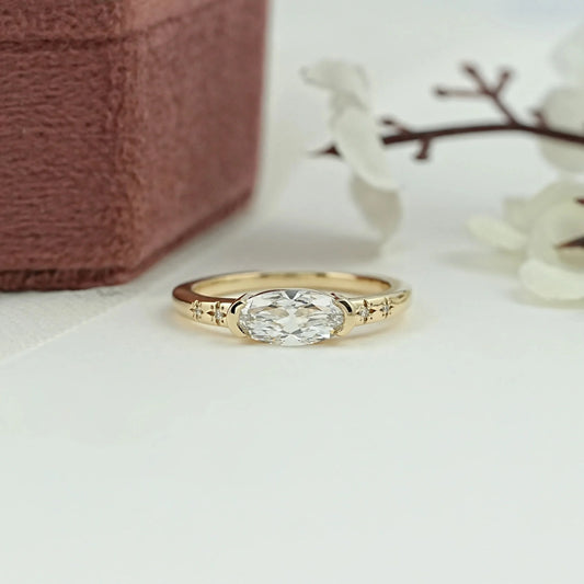 Old Mine Moval Diamond Half Bezel Accent Ring
