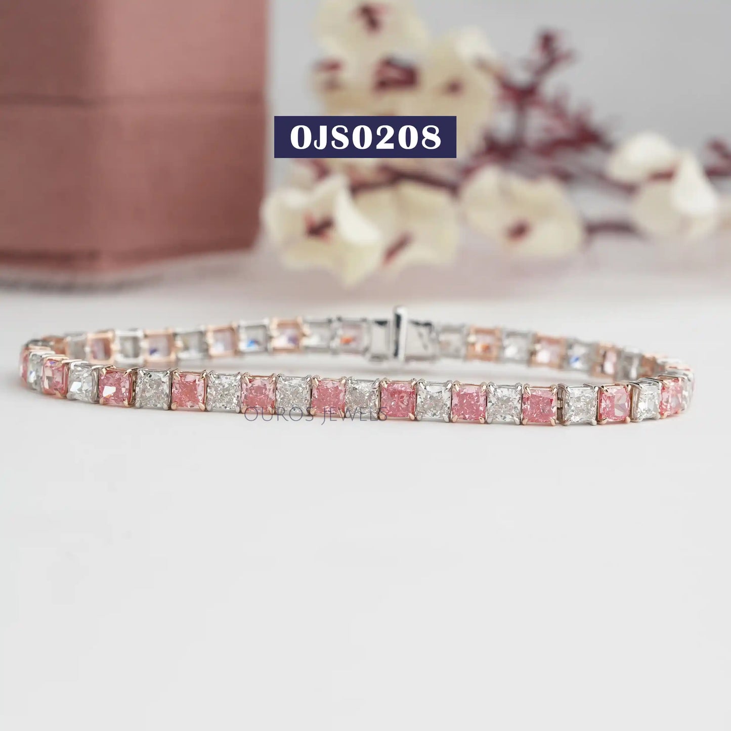 Pink  Cushion Cut  Diamond  Tennis Bracelet